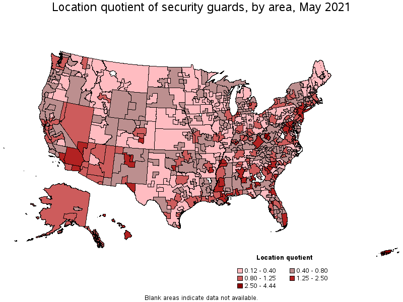 Map of location quotient of security guards by area, May 2021