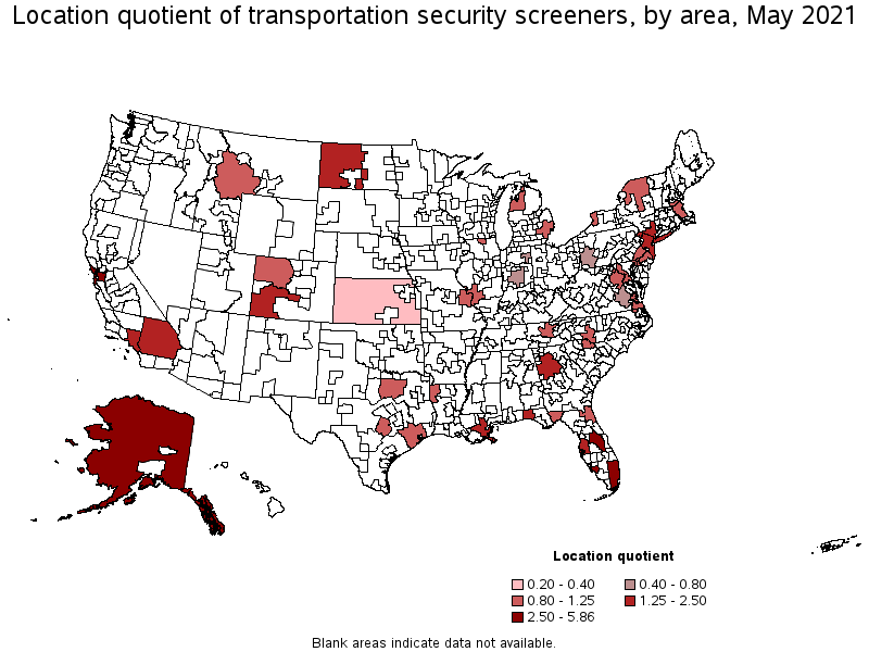 Map of location quotient of transportation security screeners by area, May 2021