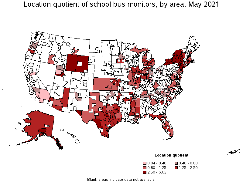 Map of location quotient of school bus monitors by area, May 2021