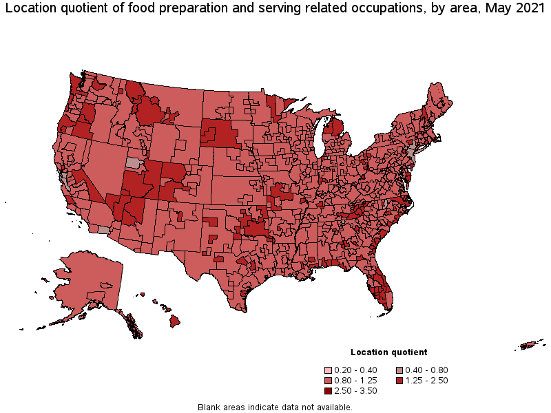 Map of location quotient of food preparation and serving related occupations by area, May 2021