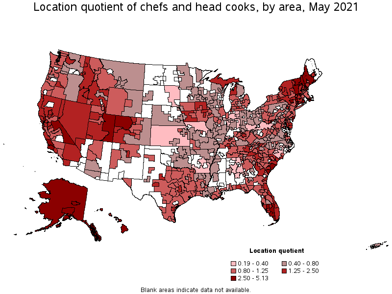 Map of location quotient of chefs and head cooks by area, May 2021