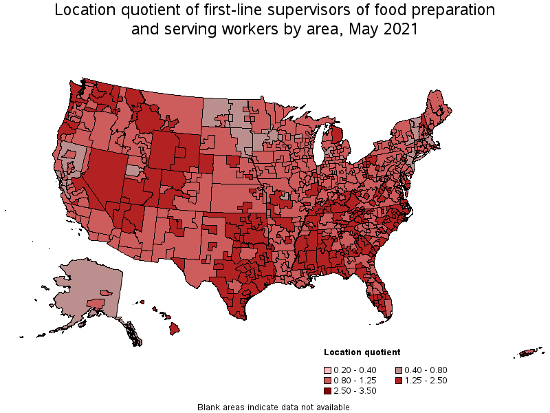 Map of location quotient of first-line supervisors of food preparation and serving workers by area, May 2021