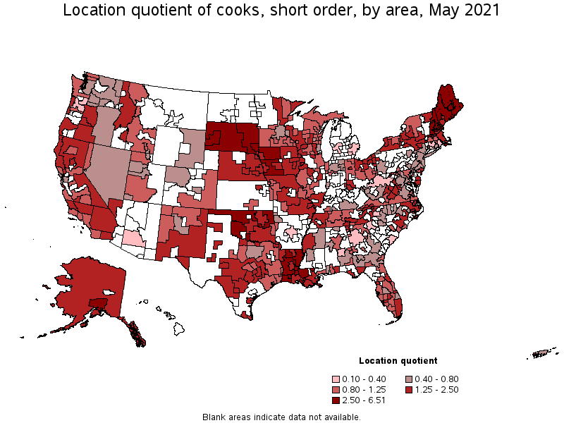 Map of location quotient of cooks, short order by area, May 2021