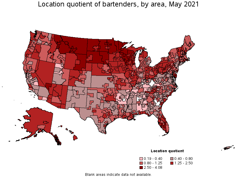 Map of location quotient of bartenders by area, May 2021