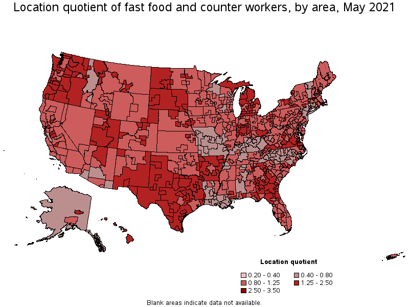 Map of location quotient of fast food and counter workers by area, May 2021