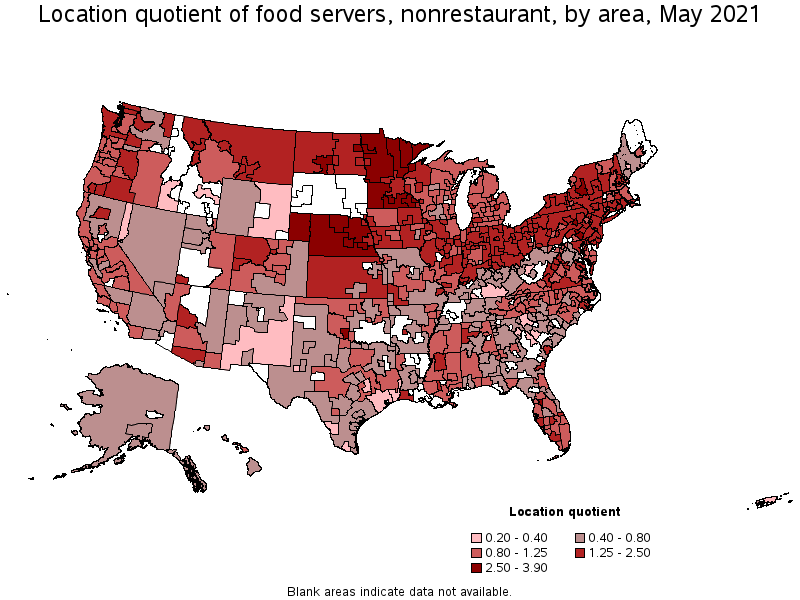 Map of location quotient of food servers, nonrestaurant by area, May 2021