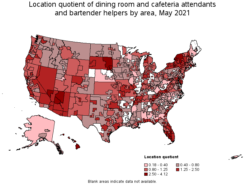 Map of location quotient of dining room and cafeteria attendants and bartender helpers by area, May 2021