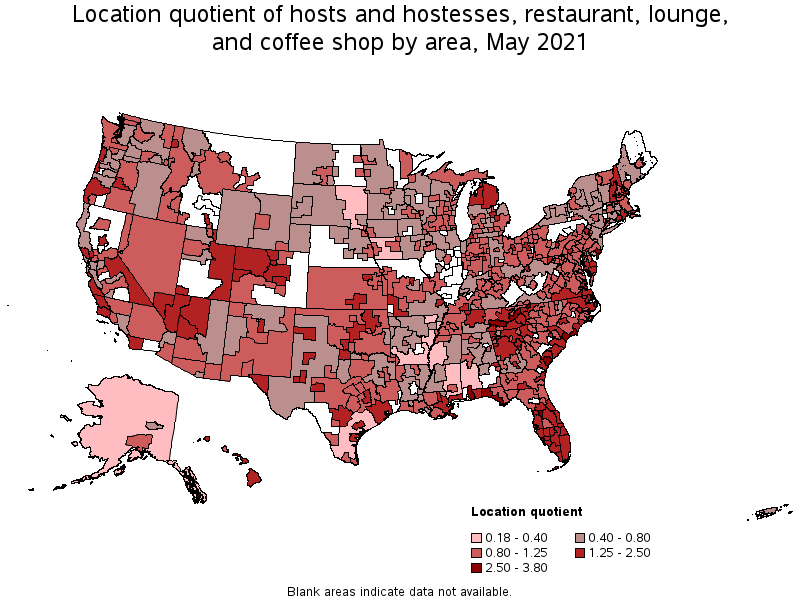 Map of location quotient of hosts and hostesses, restaurant, lounge, and coffee shop by area, May 2021