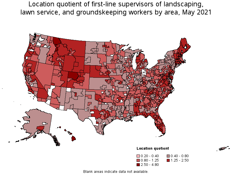 Map of location quotient of first-line supervisors of landscaping, lawn service, and groundskeeping workers by area, May 2021