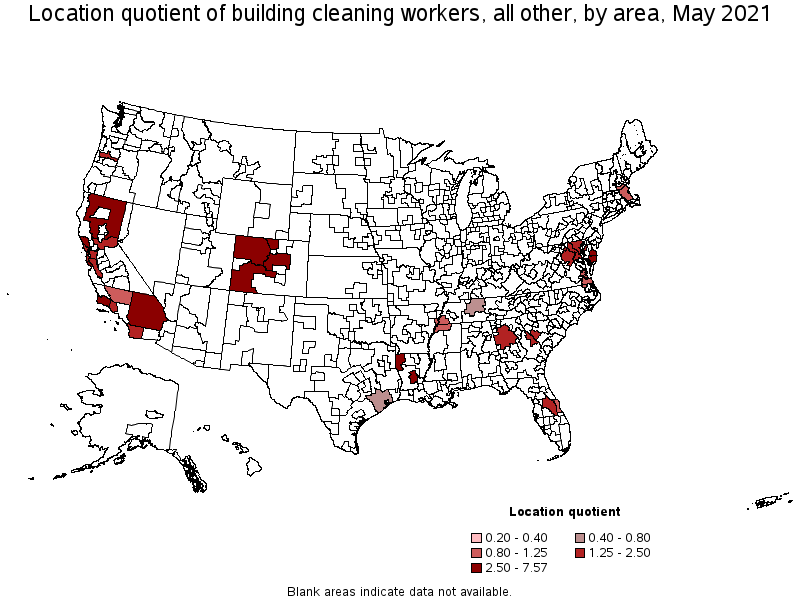 Map of location quotient of building cleaning workers, all other by area, May 2021