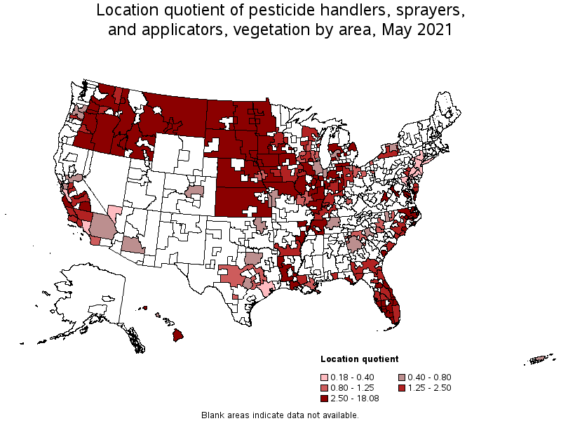 Map of location quotient of pesticide handlers, sprayers, and applicators, vegetation by area, May 2021