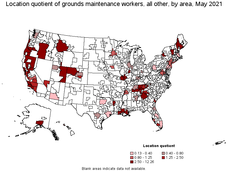 Map of location quotient of grounds maintenance workers, all other by area, May 2021