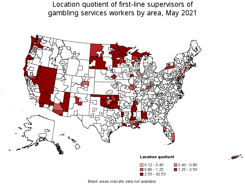 Map of location quotient of first-line supervisors of gambling services workers by area, May 2021