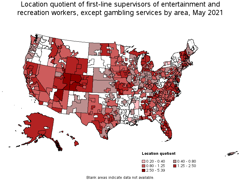 Map of location quotient of first-line supervisors of entertainment and recreation workers, except gambling services by area, May 2021