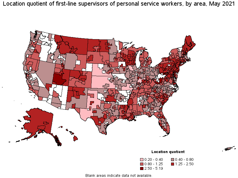 Map of location quotient of first-line supervisors of personal service workers by area, May 2021