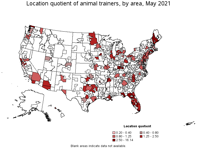 Map of location quotient of animal trainers by area, May 2021