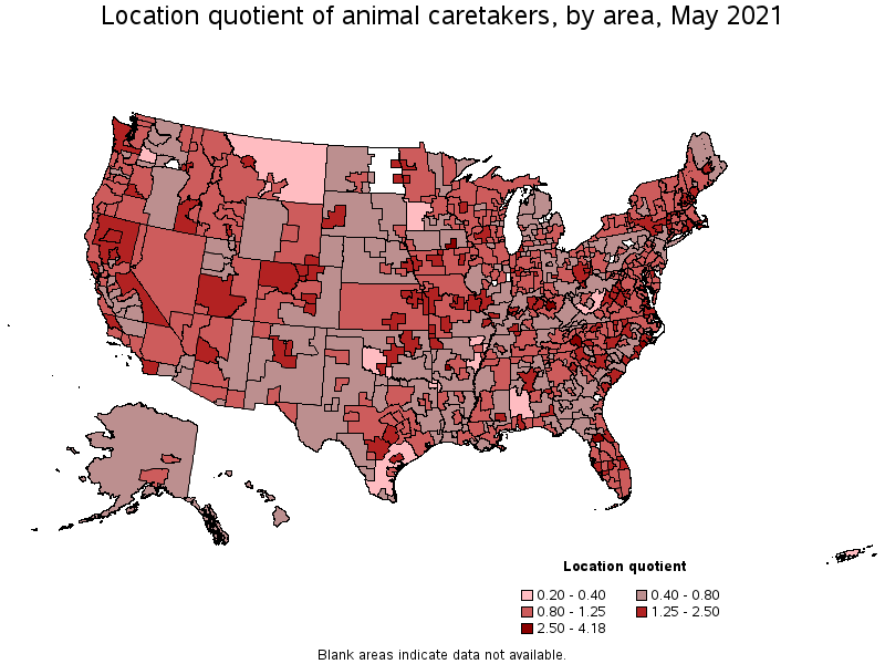Map of location quotient of animal caretakers by area, May 2021