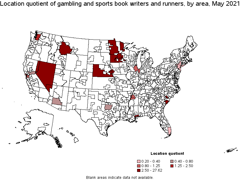 Map of location quotient of gambling and sports book writers and runners by area, May 2021