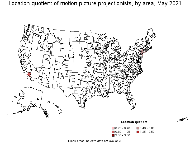 Map of location quotient of motion picture projectionists by area, May 2021