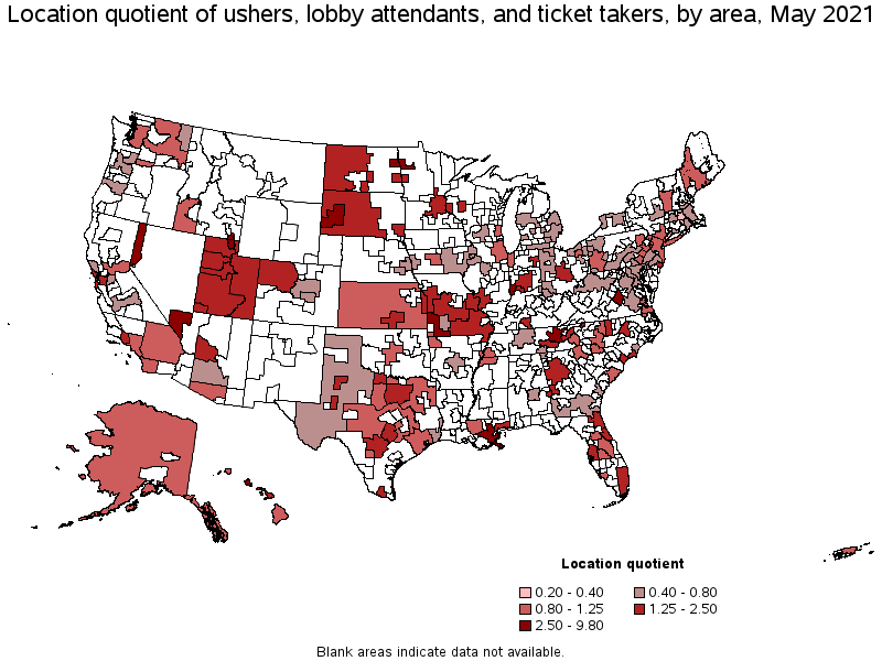 Map of location quotient of ushers, lobby attendants, and ticket takers by area, May 2021