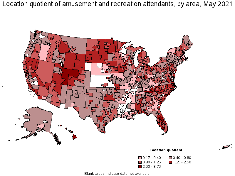 Map of location quotient of amusement and recreation attendants by area, May 2021