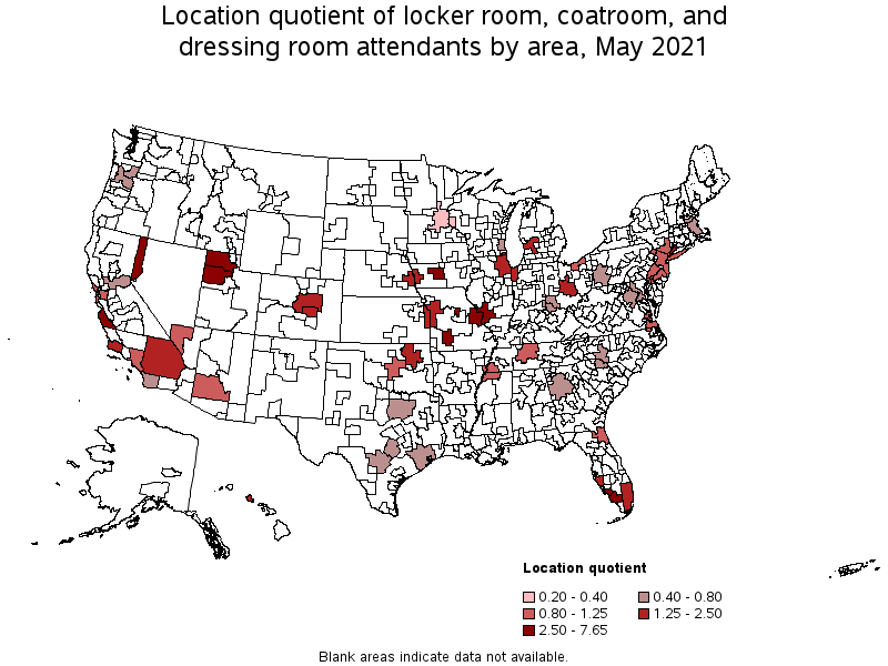 Map of location quotient of locker room, coatroom, and dressing room attendants by area, May 2021