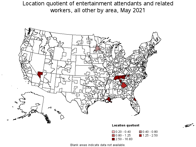 Map of location quotient of entertainment attendants and related workers, all other by area, May 2021