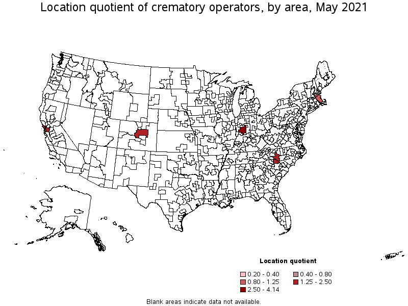 Map of location quotient of crematory operators by area, May 2021