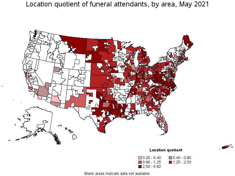 Map of location quotient of funeral attendants by area, May 2021