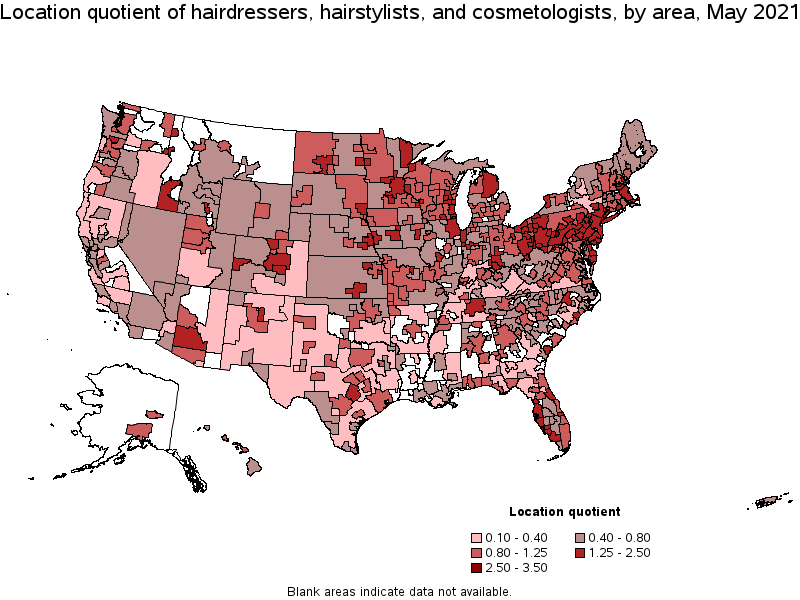 Map of location quotient of hairdressers, hairstylists, and cosmetologists by area, May 2021