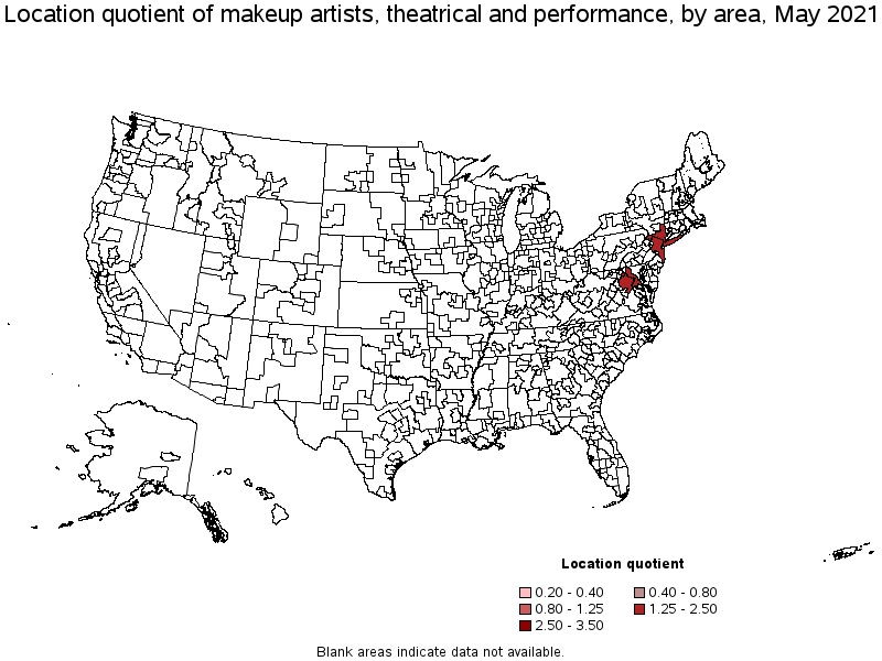 Map of location quotient of makeup artists, theatrical and performance by area, May 2021