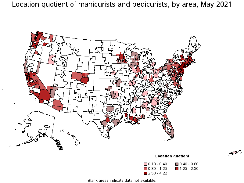 Map of location quotient of manicurists and pedicurists by area, May 2021