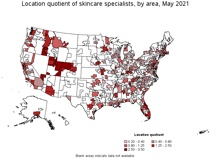 Map of location quotient of skincare specialists by area, May 2021