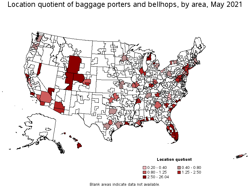 Map of location quotient of baggage porters and bellhops by area, May 2021