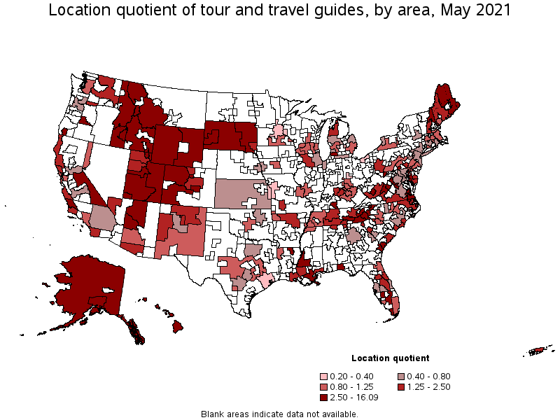 Map of location quotient of tour and travel guides by area, May 2021