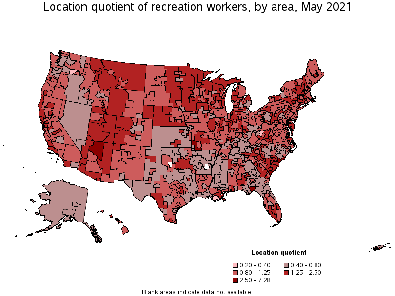 Map of location quotient of recreation workers by area, May 2021