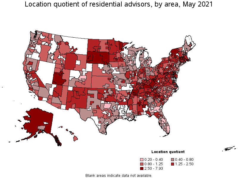 Map of location quotient of residential advisors by area, May 2021