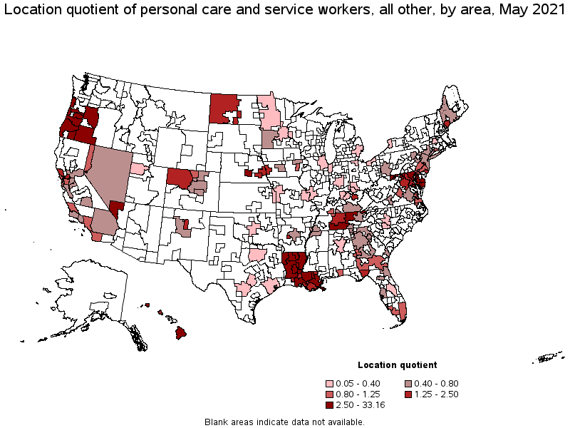 Map of location quotient of personal care and service workers, all other by area, May 2021