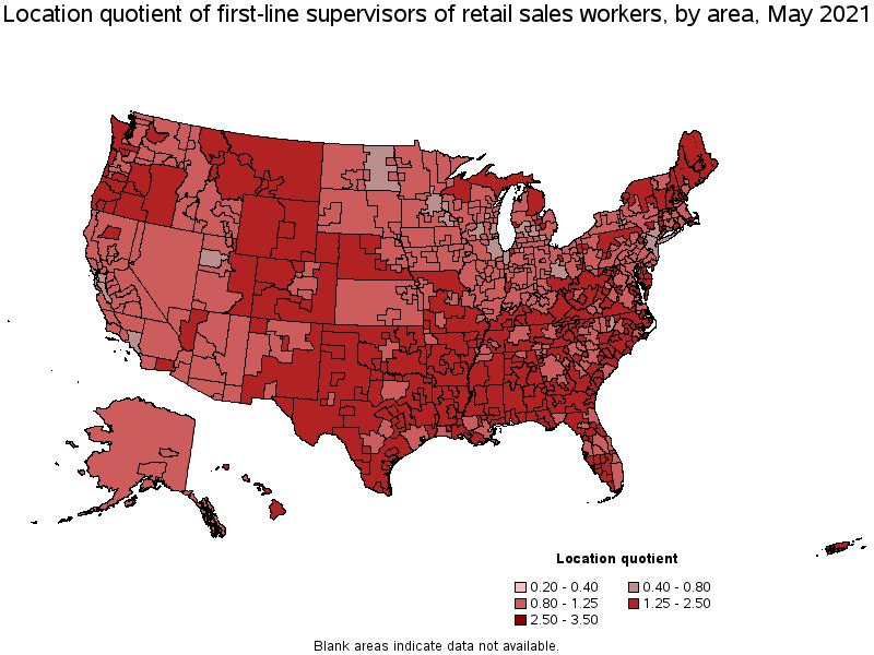 Map of location quotient of first-line supervisors of retail sales workers by area, May 2021