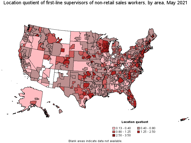 Map of location quotient of first-line supervisors of non-retail sales workers by area, May 2021