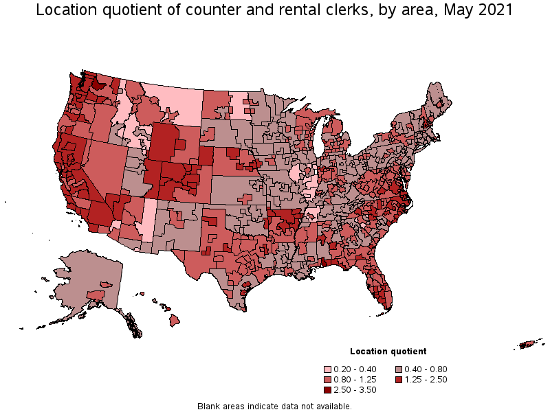 Map of location quotient of counter and rental clerks by area, May 2021