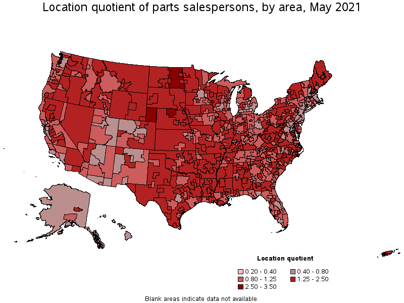 Map of location quotient of parts salespersons by area, May 2021