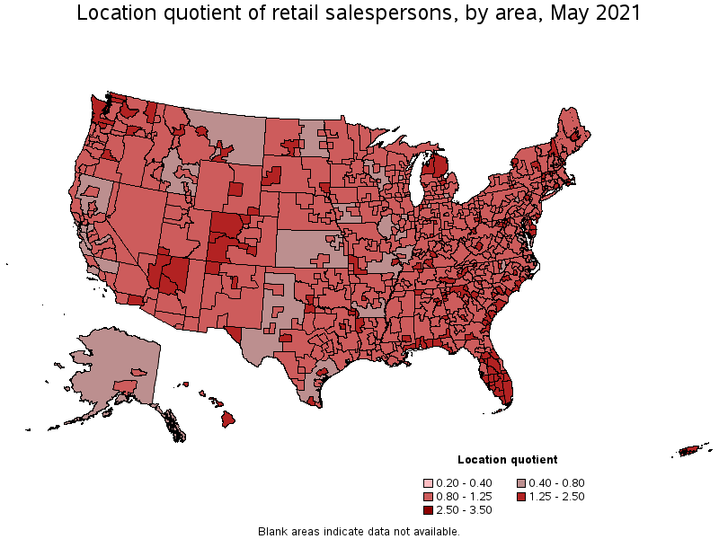 Map of location quotient of retail salespersons by area, May 2021