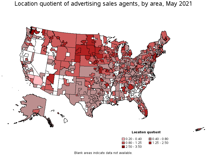 Map of location quotient of advertising sales agents by area, May 2021