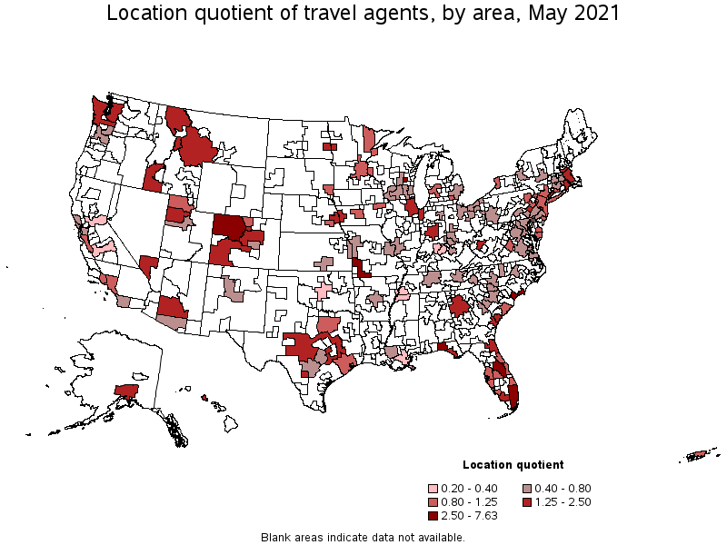 Map of location quotient of travel agents by area, May 2021