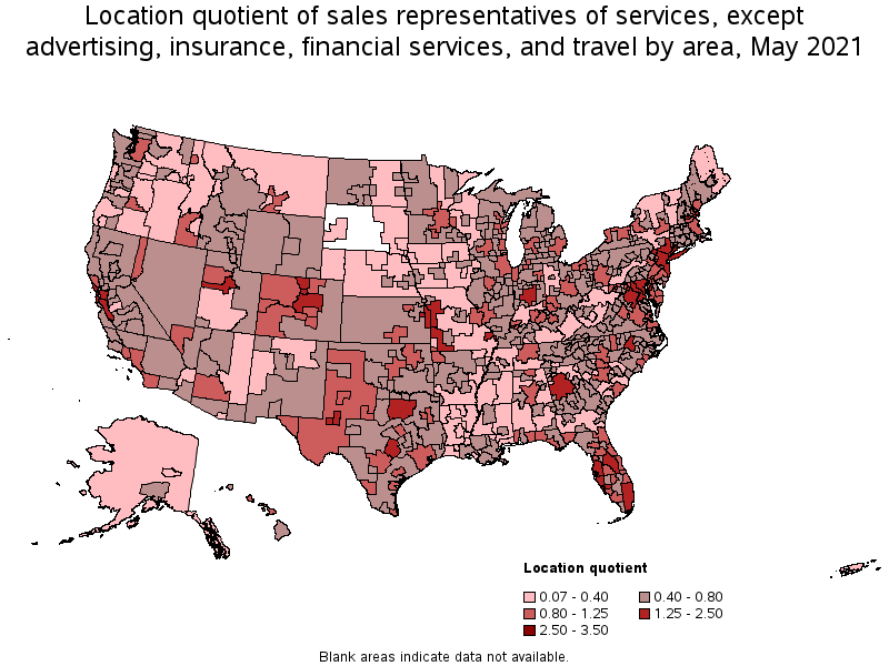 Map of location quotient of sales representatives of services, except advertising, insurance, financial services, and travel by area, May 2021
