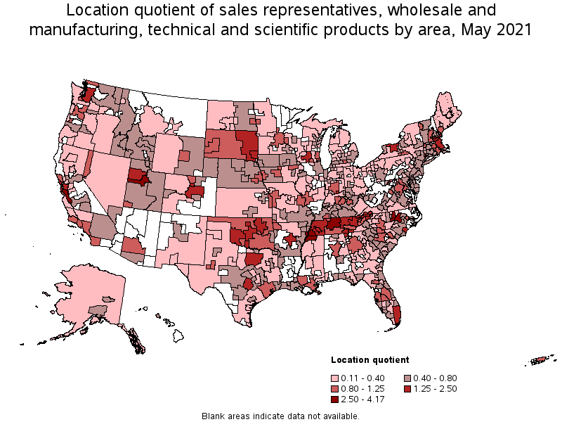 Map of location quotient of sales representatives, wholesale and manufacturing, technical and scientific products by area, May 2021