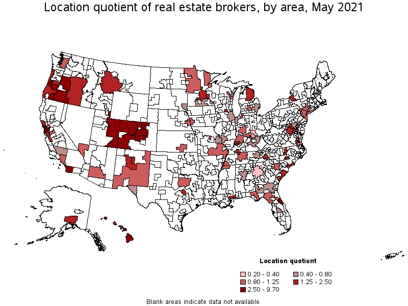 Map of location quotient of real estate brokers by area, May 2021