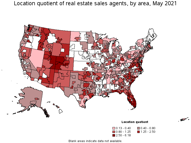Map of location quotient of real estate sales agents by area, May 2021