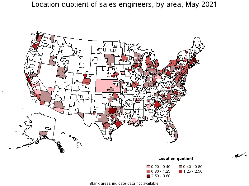 Map of location quotient of sales engineers by area, May 2021